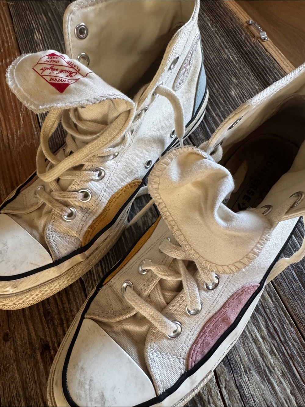 Converse Women’s High-Top Canvas Sneakers in White with Pink & Yellow Accents